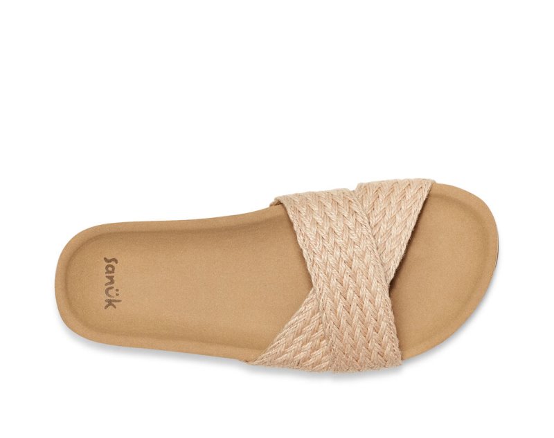 Beige Sanuk She Cruzy Jute Vegan Slide Women's Sandals | 13BQJYSAI