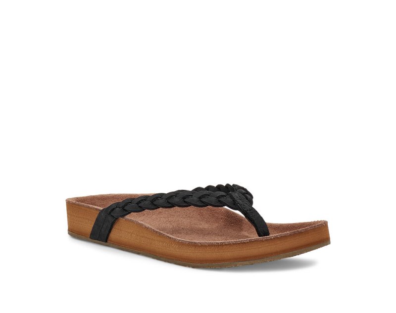 Black Sanuk She Loungy Braid Leather Women's Flip Flops | 73ICNTWQM