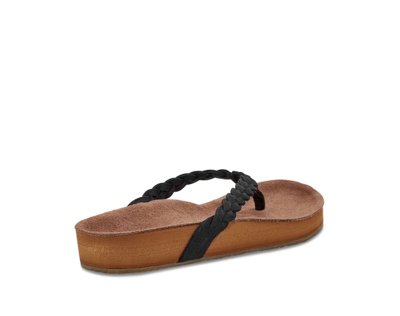 Black Sanuk She Loungy Braid Leather Women's Flip Flops | 73ICNTWQM