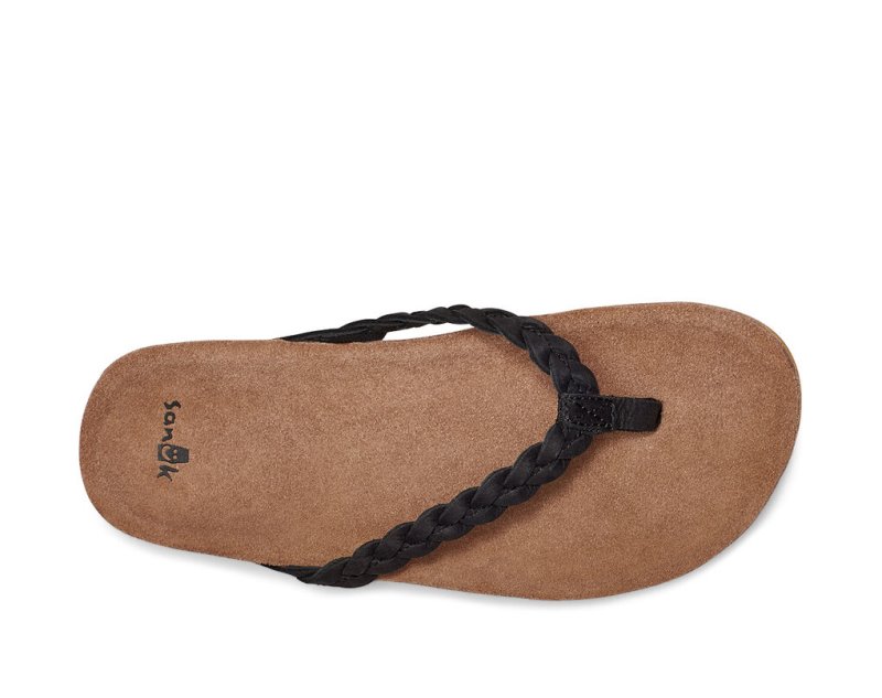 Black Sanuk She Loungy Braid Leather Women's Flip Flops | 73ICNTWQM