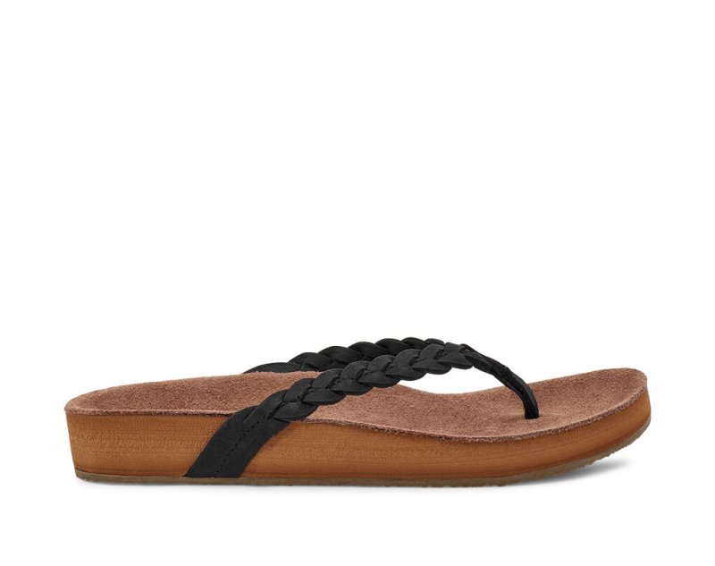 Black Sanuk She Loungy Braid Leather Women\'s Flip Flops | 73ICNTWQM