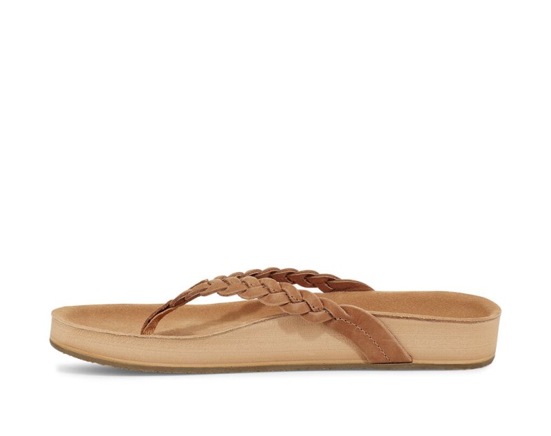 Brown Sanuk She Loungy Braid Leather Women's Flip Flops | 91NWPZTOS