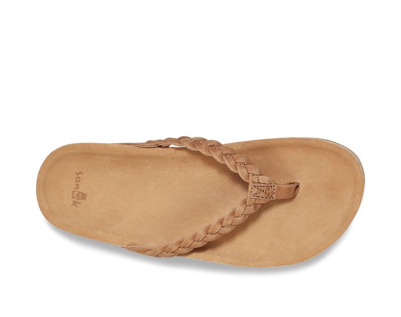 Brown Sanuk She Loungy Braid Leather Women's Flip Flops | 91NWPZTOS