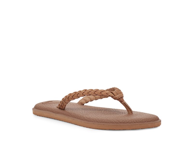 Brown Sanuk Yoga Braid Leather Women's Flip Flops | 24VTIMFEX