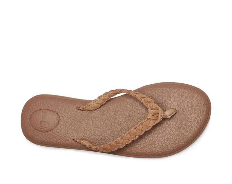 Brown Sanuk Yoga Braid Leather Women's Flip Flops | 24VTIMFEX