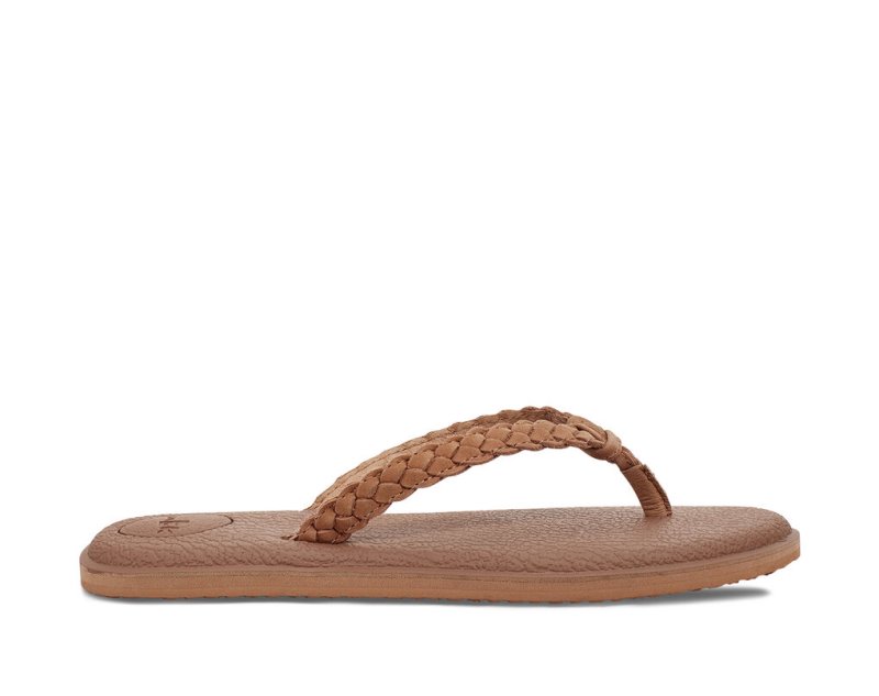 Brown Sanuk Yoga Braid Leather Women\'s Flip Flops | 24VTIMFEX