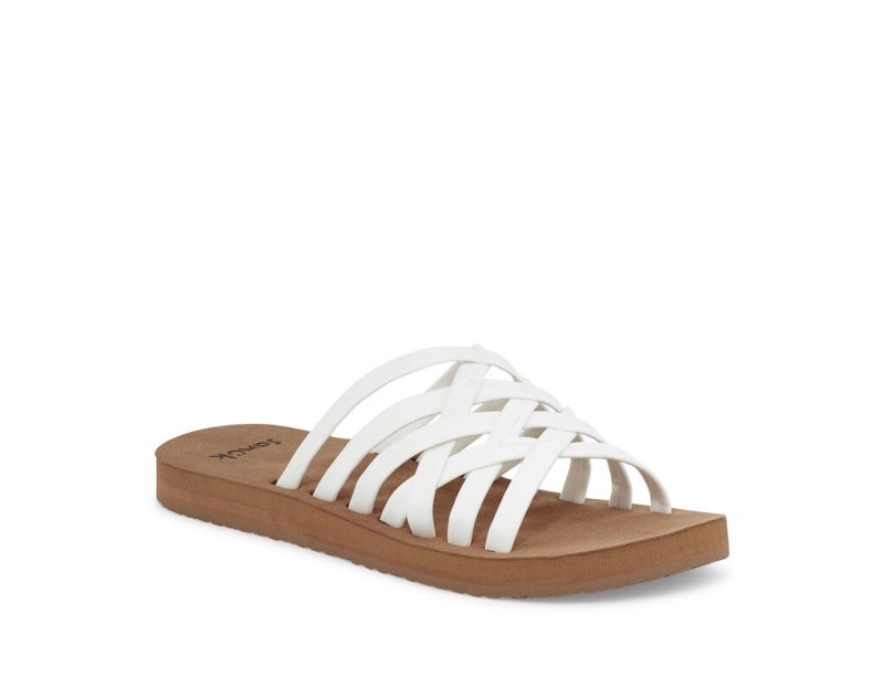 White / Brown Sanuk Rio Slide Women's Flip Flops | 03KNZVFJU