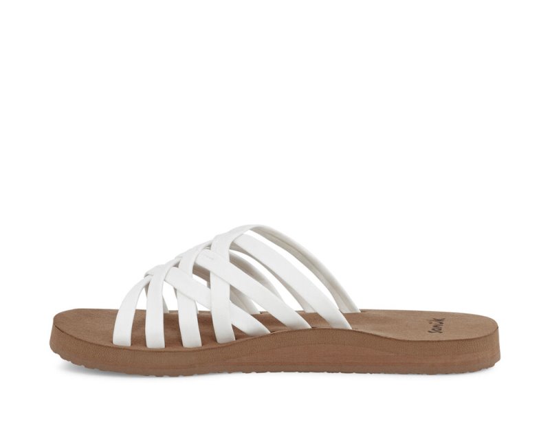 White / Brown Sanuk Rio Slide Women's Flip Flops | 03KNZVFJU