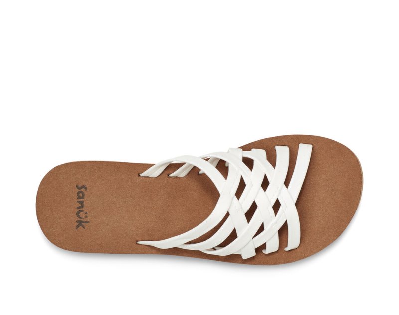 White / Brown Sanuk Rio Slide Women's Flip Flops | 03KNZVFJU