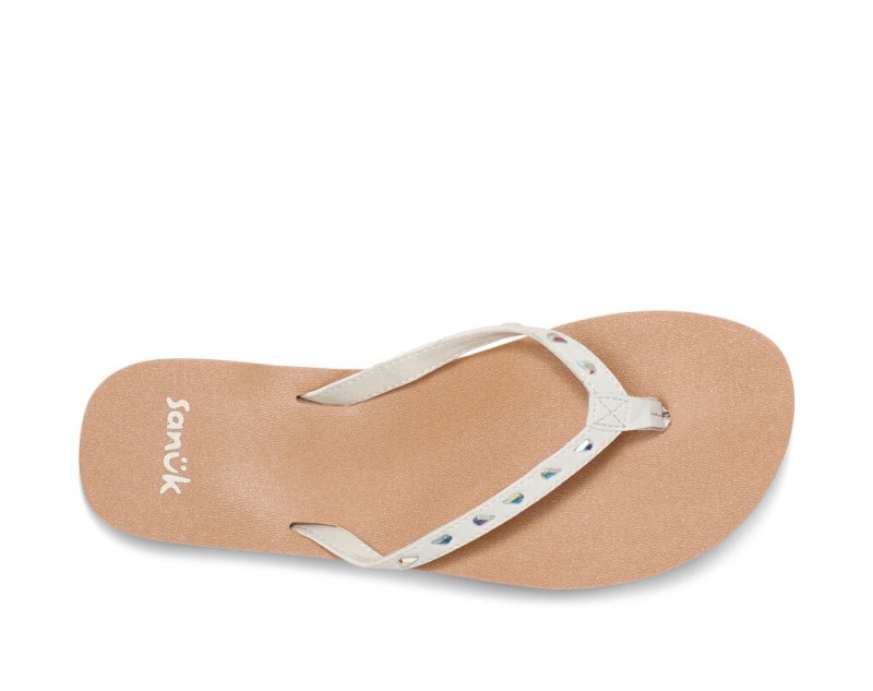 White / Brown Sanuk Yoga Joy Bling Rhinestone Women's Flip Flops | 16KFYVEIL