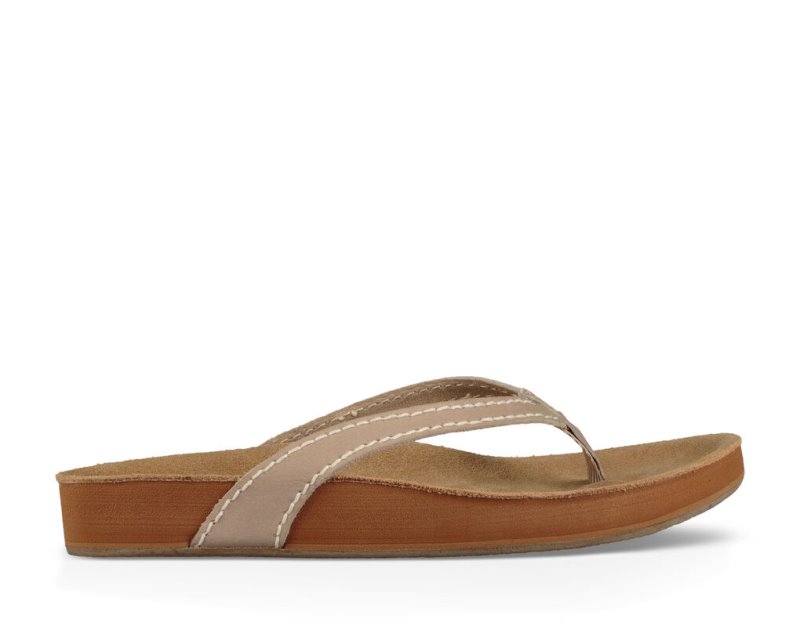 Beige Sanuk She Loungy Leather Women's Flip Flops | 06PELHQXU