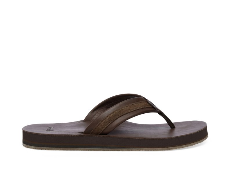 Dark Brown Sanuk Hullsome Leather St Hemp Men's Flip Flops | 13HEJKWND