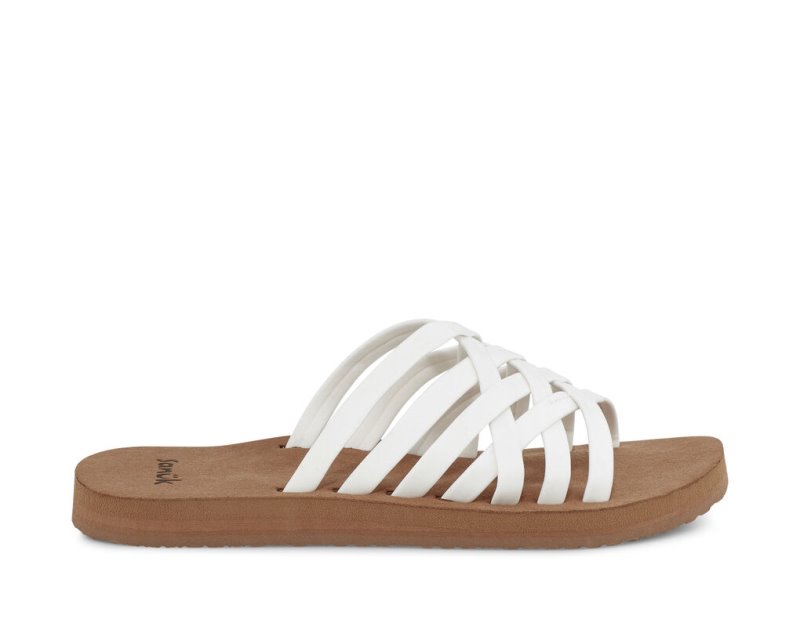 White / Brown Sanuk Rio Slide Women's Flip Flops | 03KNZVFJU